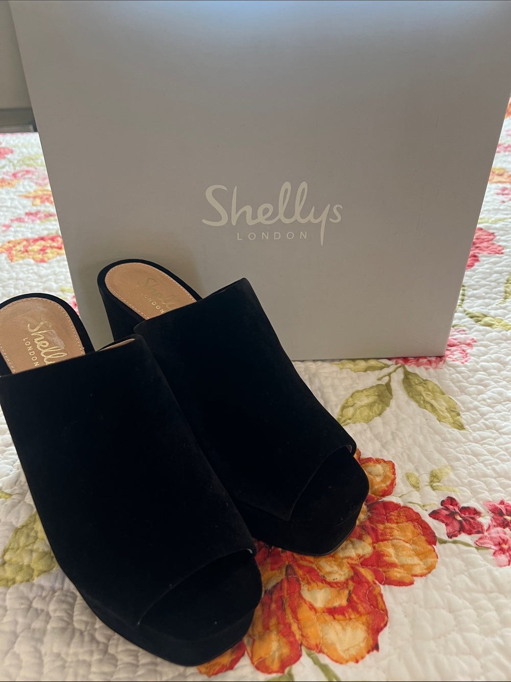 Shellys London Black Velvet Open-Toe Block Heel Mules Shoes